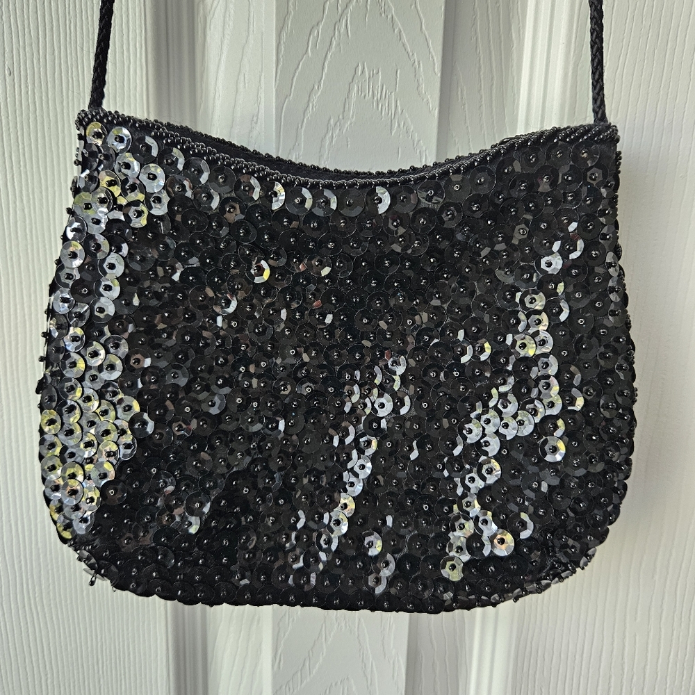 📌3for$10 Cadaz Black Sequin Evening Bag Beaded Purse with Zipper Closure
